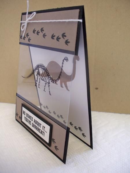 handmade card ... No Bones About It by D. Daisy ... acetate panel with stamped bones lines up with solid dinosaur image on the inside ... Stampin' Up! Dawn Griffith, No Bones About It, Acetate Cards, Dinosaur Cards, Daisy Cards, Bday Cards, Boy Cards, Window Cards, Clear Card