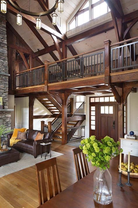 Inviting timber frame house tucked into a serene forest in the Catskills Timber Frame Home Interiors, Timber Frame Cabin, Gambrel Barn, Barn Conversions, Barn House Interior, Serene Forest, Timber Frame House, Timber Frame Home, Wood Houses