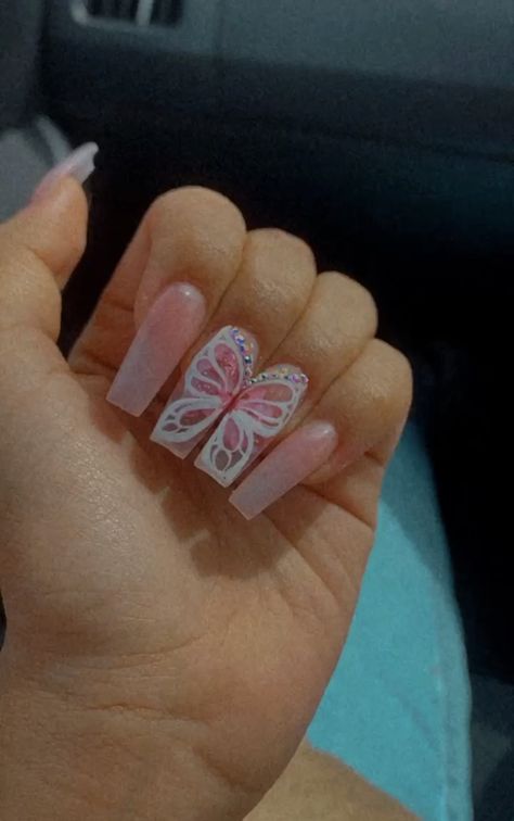 Pink Butterfly Nails, Sweet 16 Nails, Neutral Nails Acrylic, Kylie Nails, Butterfly Nail Designs, Multicolored Nails, Pink Chrome Nails, Butterfly Nails, White Acrylic Nails