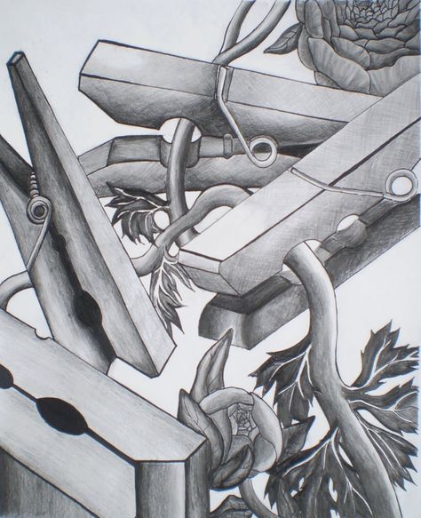 'connections' theme as represented by clothespin still life value drawing- grade 12 High School Drawing, Value Drawing, Classe D'art, High School Art Lessons, High School Art Projects, Figurative Kunst, Art Assignments, Observational Drawing, Ap Studio Art