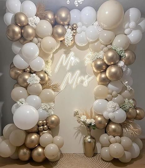 Amazon.com: White Sand Gold Balloon Garland arch kit 144pcs Beige Nude White with Metallic Chrome Gold Latex Balloons for Wedding Bridal Shower Engagement Party Decorations Birthday Baby Shower Supplies : Home & Kitchen Ivory And Gold Bridal Shower Ideas, Golden Wedding Balloons, Bridal Shower Gold Theme, Wedding Decoration Balloons, Beige Engagement Party, Bridal Shower Decor At Home, Bridal Shower Gold And White, White And Gold Engagement Party Decor, Engagement Home Decor