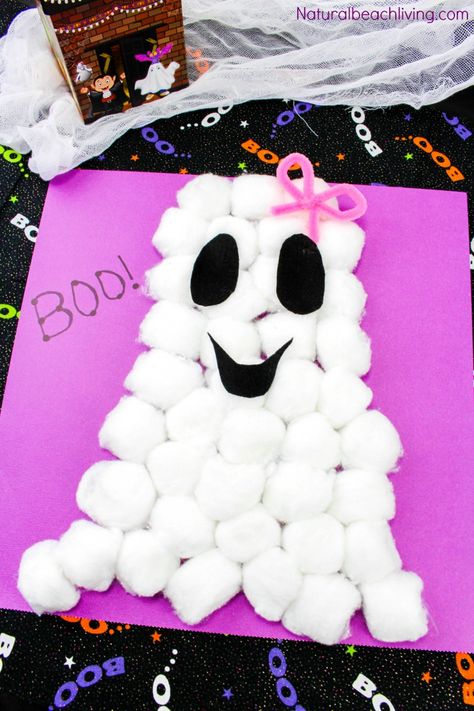 Easy Cotton Ball Ghost Craft for Preschoolers, Fun Ghost Craft, Easy and cheap to make, Toddler Halloween craft, Halloween Crafts for Kids to make, FUN! Cotton Ball Ghost, Cheap Halloween Crafts, Halloweenpyssel Barn, Cotton Ball Crafts, Høstaktiviteter For Barn, Crafts Toddlers, Halloween Crafts For Kids To Make, Ghost Craft, Dekorasi Halloween