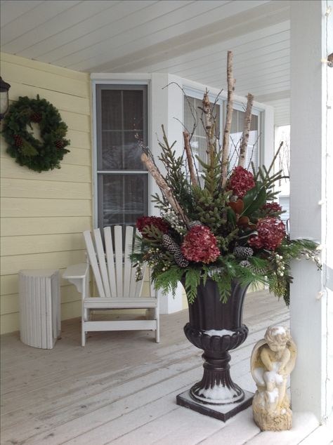 Christmas Entry urns, on Front porch using birch branches, spruce tips, cedar, pine, ice glittered twigs, magnolia leaves, glittered pine cones, dried spray painted hydrangeas, faux berry sprays, winter decor Porch Urns, Christmas Urns, Outdoor Christmas Planters, Christmas Entry, Holiday Planter, Winter Planter, Christmas Pots, Birch Branches, Christmas Planters