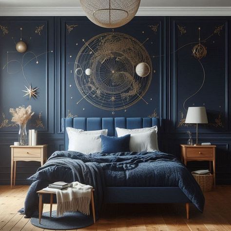 15 Navy Blue Bedroom Ideas for a Stylish Retreat Navy Blue And Gold Wallpaper Bedroom, Navy Blue Girls Bedroom, Blue Velvet Bedroom Ideas, Ravenclaw Dorm Room, Dark Blue And Gold Bedroom, Teal Blue Bedroom, Ravenclaw Bedroom, Navy Blue Bedding Sets, Gold Wallpaper Bedroom