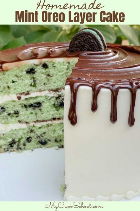 Mint Oreo Cake- This scratch recipe is so moist and delicious! Mint Oreo Cake, Oreo Layer Cake, Oreo Pound Cake, My Cake School, Mint Cake, Mint Oreo, Crushed Oreos, Cake Layers, Delicious Cake Recipes