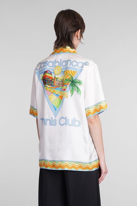 >silk, 100% | Casablanca Women's Shirt in White Silk in Afro Cubism Tennis Club | SS24 Casablanca Shirt, Tailoring Techniques, Resort Shirt, Tennis Club, Versace Shop, Tennis Clubs, Tshirt Outfits, Cubism, White Silk