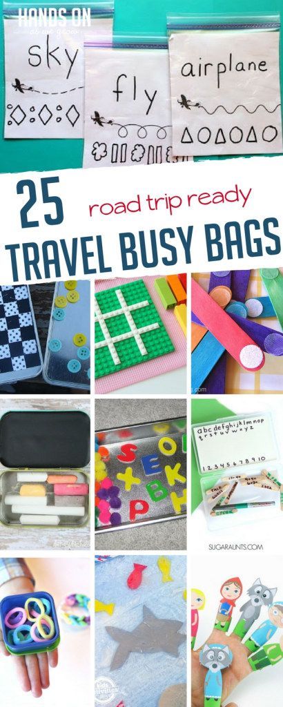 Here's a slew of busy bag ideas you can have ready for your next road trip! The kids will love you (and you'll love the trip for once). Toddler Travel Bag, Busy Bag Ideas, Toddler Road Trip, Toddler Busy Bags, Airplane Crafts, Activity Bags, Road Trip Activities, Toddler Art Projects, Busy Boards For Toddlers