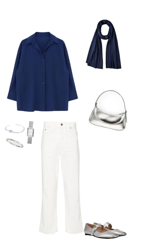 navy blue shirt, white jeans, silver ballet flats, silver handbag, silver jewelry, navy blue hijab, hijabi outfit Silver White Outfit, Blue Shirt White Jeans, Blue Hijab Outfit, White Hijab Outfit, Hijabi Summer Outfits, White Hijab, Blue Hijab, Blue And White Outfits, Navy Blue Outfit