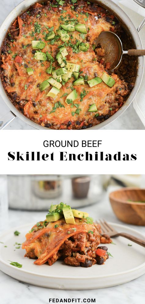 These ground beef skillet enchiladas have all of the delicious flavors of traditional enchiladas but require none of the fuss! Plus, we’ve included a hidden veggie for an added nutritional boost! Traditional Enchiladas, Ground Beef Skillet, Verde Enchiladas, Skillet Enchiladas, Beef Taco Casserole, Beef Skillet, Best Enchiladas, Homemade Salsa Verde, Fed And Fit