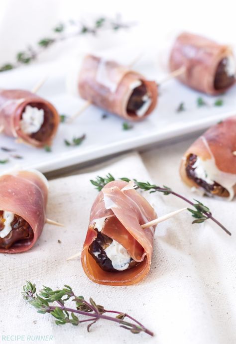 Classic sweet and salty just got a new twist. The creaminess of the goat cheese, with the sweet, candy-like flavor of the dates all stuffed inside our favorite cured meat makes for the most mouth-watering combination.This quick and simple recipe is sure to impress. Click here to get the recipe.   - ELLEDecor.com Goat Cheese Stuffed Dates, Cheese Stuffed Dates, Small Bites Appetizers, New Year's Eve Appetizers, Stuffed Dates, Prosciutto Wrapped, Picnic Recipes, Fall Appetizers, Light Appetizers