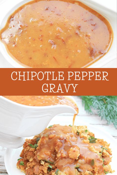 Chipotle Pepper Gravy ~ Bring the heat this Thanksgiving with this smoky and rich Southwestern-inspired gravy! Brown Gravy Enchiladas, Texas Roadhouse Peppercorn Gravy, Chili Gravy For Enchiladas, Homemade Peppered Gravy, Pumpkin Chipotle Roasting Sauce, Mexican Friendsgiving, Spicy Gravy Recipes, Southwestern Thanksgiving, Pepper Gravy Recipe