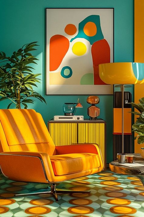 Use retro color palettes to bring bold, vibrant energy to your interiors. #RetroColors #BoldDecor #VintageInspo Bold Interior Design, Bold Interior, Statement Tiles, Retro Color Palette, Bold Decor, Vibrant Energy, Chic Interior, Tile Ideas, Retro Color