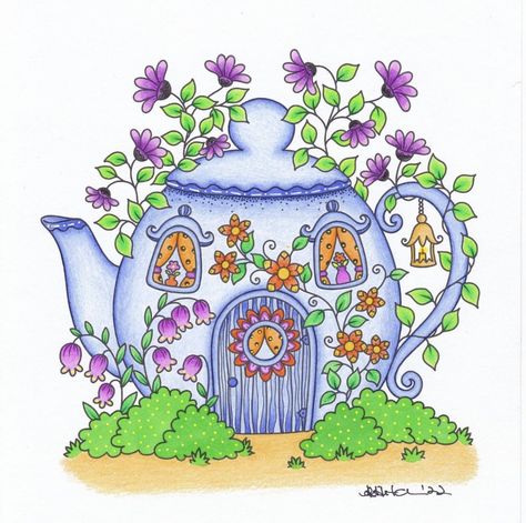 Easy Fairy House Drawings, Whimsical House Drawing, Whimsical Houses Drawing Illustrations, Teapot House Illustration, Flower Fairy House Drawing, Construction Paper Crafts, Cool Pencil Drawings, Pencil Painting, Basford Coloring