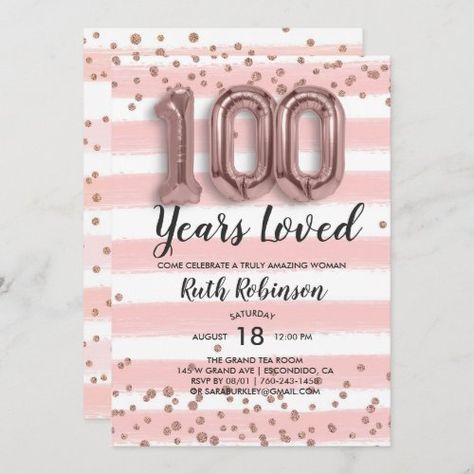 $2.92 | Rose Gold Balloons | 100th Birthday Invitation #sparkling, rose, gold, foil, balloons, stripes, confetti, milestone, birthday, 100th Birthday Budget, Birthday Party Invitation Wording, 100 Birthday, 90th Birthday Invitations, Rose Birthday, 90th Birthday Cards, 100th Birthday Party, Gold Foil Balloons, 100 Birthday Gifts