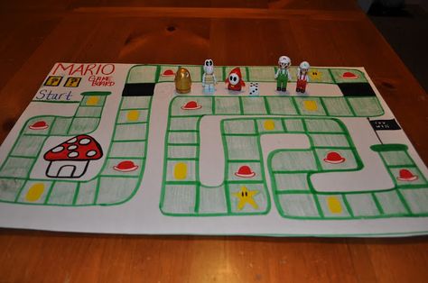 Fun DIY Mario Game. Great for inside play or rainy days. #DIY #Mario #Game #Fun #InsidePlay #RainyDays Mario Party Board Game Diy, Diy Mario Game, Mario Activities For Kids, Mario Game, Board Games Diy, Kid Games, Super Mario 3d, Story Stones, Kids Daycare