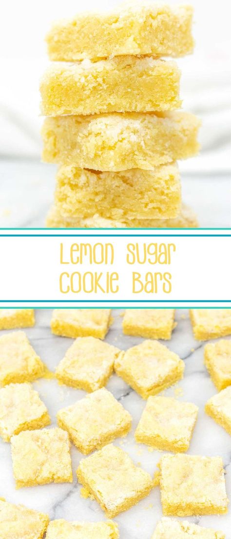 Lemon Sugar Cookie Bars - soft and chewy sugar cookie bars bursting with lemon deliciousness. #lemonsugarcookiebars #sugarcookies #sugarcookiebars #lemondesserts #lemon #lemoncookiebars #summerdesserts #lemonbars via @SarahsBakeStudio Lemon Sugar Cookie, Chewy Sugar Cookie, Lemon Cookie, Lemon Sugar Cookies, Sugar Cookie Bars, Lemon Dessert Recipes, Chewy Sugar Cookies, Summer Cookies, Lemon Sugar