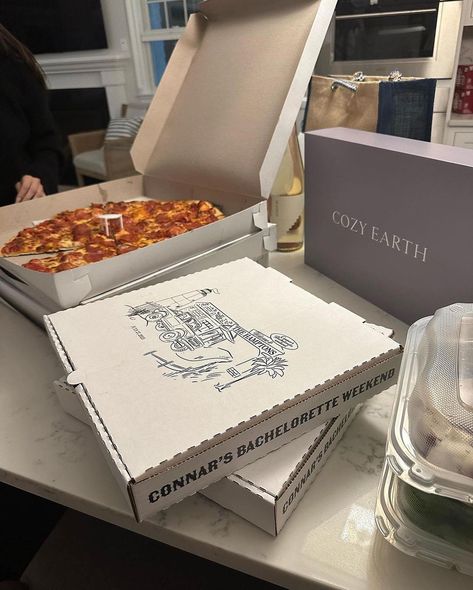 Custom pizza boxes for @connarfranklin bachelorette weekend 🍕 A fun way to bring a personal touch to your bachelorette weekend! I’m obsessed with these custom boxes and it’s such a cute moment on your bach weekend! 🤍 This is our tier 2 design option! We worked with the bride and her bridesmaids to develop this custom design! Fill out the quote form on our website to get started! Colombian Wedding, Bach Weekend, Boutique Hotels Design, Bride And Her Bridesmaids, Custom Pizza, Pizza Boxes, Bachelorette Trip, Future Wedding Plans, Bach Party