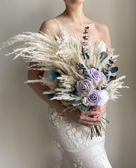 Purple Bridal Bouquet Boho Wedding Flowers for Rustic Wedding Dried Bouquet Pampas Grass Bridal Bouquet Lavender Lilac Roses - Etsy Purple Boho Bridal Bouquet, Lavender Flower Arrangements Wedding, Western Wedding Purple, Lavender And Eucalyptus Bouquet, Lilac Boho Wedding, Purple Bouquet Wedding, Purple Boho Wedding, Lavender Wedding Centerpieces, Lavender Bridal Bouquet