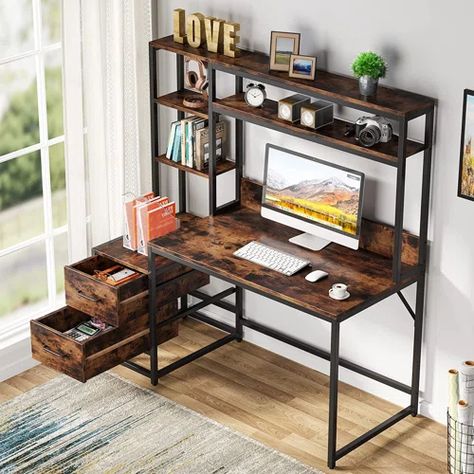 Wayfair | Hutch Desks You'll Love in 2023 Rustic Office Desk, Office Desk With Hutch, Computer Desk With Shelves, Writing Desk Modern, Under Desk Storage, Rustic Office, Desk Study, Gaming Table, Desk Hutch