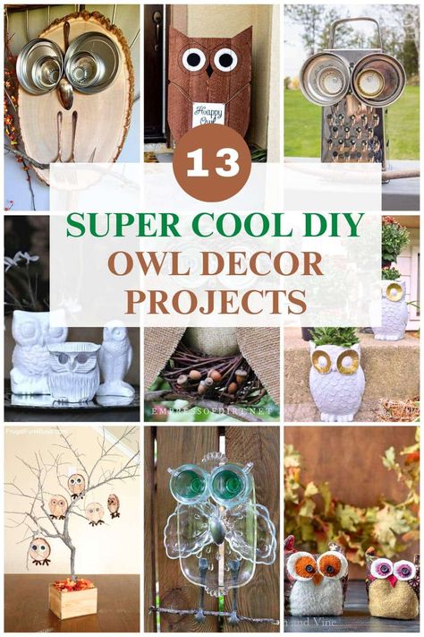 These DIY owl decor projects are the coolest inspiration I've seen. The ideas included upcycled ideas and also new crafts. Owl Crafts Diy, Owl Party Decorations, Owl Garden Art, Diy Owl, Upcycled Ideas, Wood Owls, Wooden Owl, Stick Crafts, Owl Party