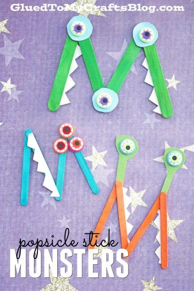 "M" is for Monster - Kid Craft Idea Montessori Letters, M Is For Monster, Stick Crafts For Kids, Letter M Crafts, Preschool Letter Crafts, Popsicle Stick Crafts For Kids, Wooden Craft Sticks, Monster Craft, Preschool Letter