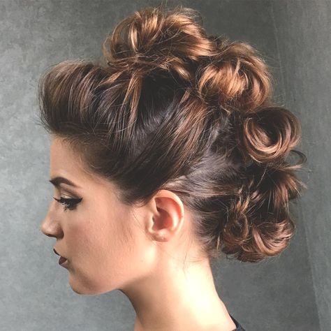 Mohawk Formal Hairstyle, Bridesmaid Hairstyles Mohawk, Updos With Undercut Wedding, Fancy Event Hairstyles, Mohawk Wedding Hairstyles, Curly Hair Mohawk Women, Mohawk Updos For Long Hair, Mohawk Bun Hairstyles, Wedding Mohawk