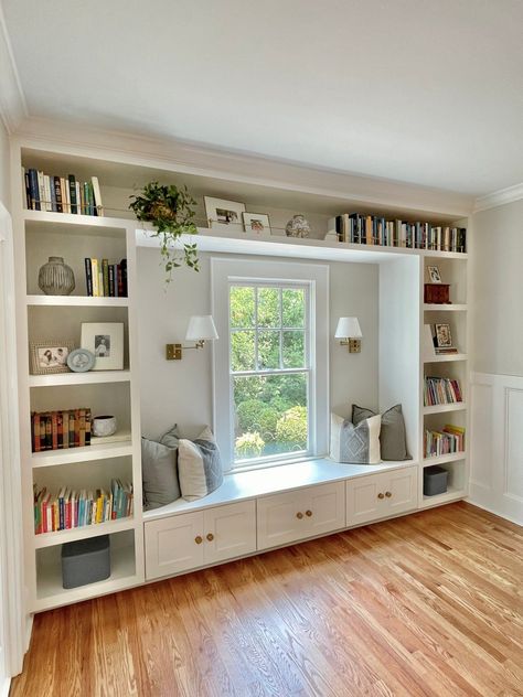 Bookcases Built Around Windows, Built In Bookcase With Window Seat, Built In Bookcase Around Window, Bookcase Around Window, Library Window Seat, Built In Bookshelves Around Window, Built Ins Around Window, Bedroom Bookcase, Built In Window Seat