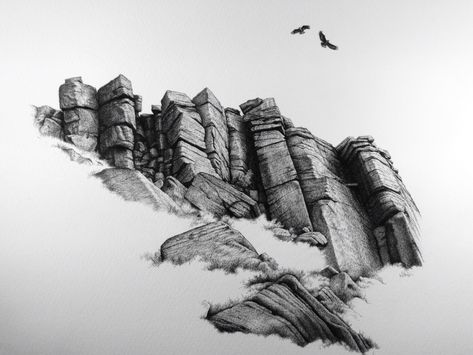 Draw Rocks, Stone Drawing, Drawing Rocks, Sea Drawing, Line Artwork, Black And White Sketches, Illustration Pen And Ink, Desenho Tattoo, Landscape Drawings