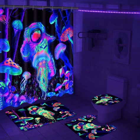 PRICES MAY VARY. UV/BLACK LIGHT REACTIVE: This space astronaut shower curtain set with rugs glow under blacklight / UV light, creating a different visual experience than normal light. The luminous effect of the bathroom set increases with the intensity of the black light. HIGH QUALITY: The blacklight astronaut shower curtain is made of premium polyester fabric, waterproof and durable. The non-slip bath mat / U type rug / toilet lid cover is made of flannel, which is soft and absorbent, no smell Trippy Bathroom, Jellyfish Bathroom, Mushroom Jellyfish, Kids Bathroom Shower Curtain, Space Bathroom, Kids Shower Curtain, Bathroom Shower Curtain Sets, Uv Black Light, Bathroom Decor Sets