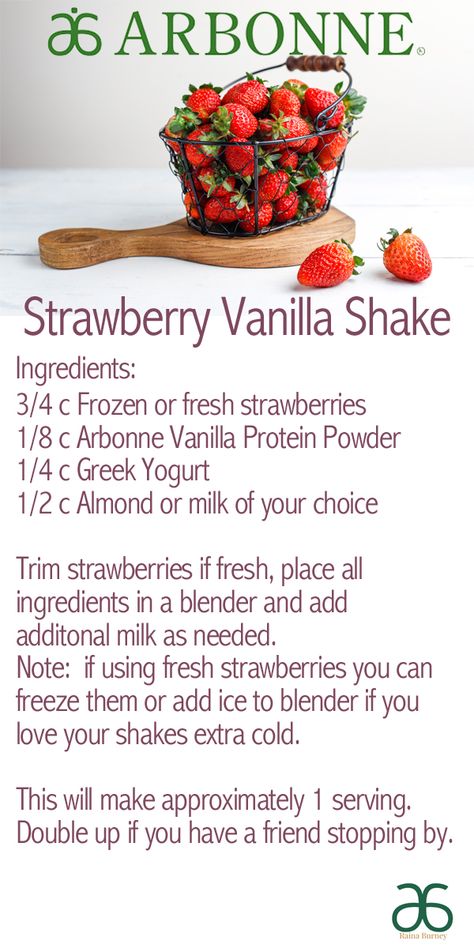 Create an amazing simple shake with just 4 ingredients.  This awesome shake is filled with strawberry and vanilla flavor that will make you smile.  The protein is made up of peas, rice and cranberries and is a terrific way to add protein to your diet.  #proteinshake #strawberry #healthygal #alphagal #vegangal #glutenfreegal Arbonne Vanilla Shake Recipes, Arbonne Vanilla Protein Shake Recipes, Arbonne Vanilla Protein Recipes, Arbonne Strawberry Protein Recipes, Arbonne Protein Shake Recipes, Vanilla Protein Recipes, Strawberry Shake Recipe, Arbonne Shakes, Vanilla Shake Recipes