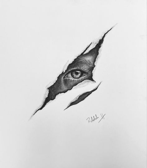 A drawing of an eye behind a large tear in paper. Eyes Charcoal Drawing, Charcoal Drawing Abstract, Charcoal Sketches Easy, Charcoal Eye Drawing, Simple Charcoal Drawing, Tears Drawing, Charcoal Sketching, Easy Charcoal Drawings, Charcoal Sketches