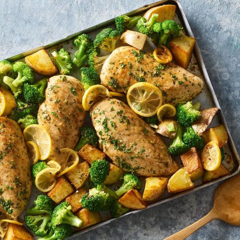 Lemon and herb chicken tray bake | Healthy Recipe | WW Australia Tray Bake Dinner, Healthy Zucchini Slice, Lemon And Herb Chicken, Chicken Rissoles, Bake Dinner, Vegetarian Lasagne, Chicken Tray Bake, Chicken And Potato, Bake Healthy