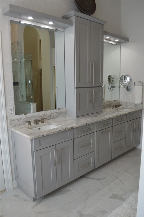 Bathroom Double Doors Master Bath, Custom Master Bath Ideas, Master Bath Gray Cabinets, Bathroom Vanity With Towel Storage, Master Bath With 2 Vanities, Medium Size Master Bath Remodel, Gray Master Bath Cabinets, Multilevel Bathroom Vanity, 8 Ft Vanity Master Bath