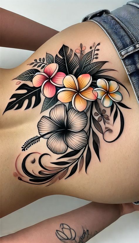 Thigh Tattoos Women Color, Name Tattoo Cover Up Ideas, Inner Thigh Tattoos Women, Hip Flower Tattoo, Plumeria Flower Tattoos, Inner Thigh Tattoos, Tropical Flower Tattoos, Small Inspirational Tattoos, Beach Tattoos