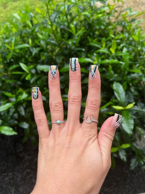 Bright Western Nails, Easy Western Nails, Western Nails Short, Red Western Nails, Black Western Nails, Western Nail Art Turquoise, Nail Ideas Punchy, White And Turquoise Nails Western, Turquoise Nails Western