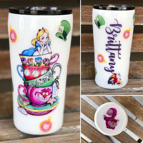 Alice in Wonderland Tumbler Facebook: Crafty Creations by Amber Nissen Girl Tumbler Cup Ideas, Disney Tumbler Ideas, Disney Tumbler Coffee Cups, Disney Resin Tumbler, Up Tumbler Cup Disney, Alice In Wonderland Tumbler, Disney Princess Tumbler Cups Glitter, Alice In Wonderland Glitter Tumbler, Disney Tumbler