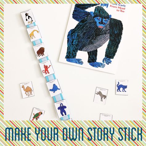 Make your own story stick and download free visuals for Eric Carle's From Head to Toe! Eric Carle Printables Free, Eric Carle Baby Shower Ideas, Author Study Kindergarten, Tiny Seed Activities, Preschool Gross Motor, Eric Carle Activities Preschool, Eric Carle Classroom Decor, Eric Carle Classroom Theme, Preschool Graduation Theme