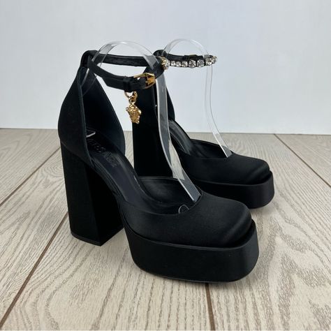 Nwt Only Ever Tried On, Versace Medusa Aevitas Crystal Cut Platform Heels Pumps, Size: 37.5 Women's, Color: Black Satin, Msrp $1175, In Box With Dust Bags And Care Cards. 100% Authentic. Chunky Block Heel And Stacked Platform Elevates These Satin-Covered Pumps, Detailed With Crystal Embellishments And Medusa Charm At Ankle Strap. Square Toe Crystal-Cut Accents At Pin-Buckle Ankle Strap Signature Medusa Charm At Ankle Strap Logo-Embossed Leather Footbed Covered Platform Midsole Covered Block Heel Versace Shoes, Black Platform Heels, Chunky Block Heels, Heels Pumps, Platform Pumps, Platform Heels, Black Satin, Embossed Leather, Pumps Heels