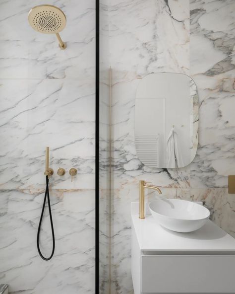 The Calacatta Oro Ensuite A continuation to the Verde Alpi bathroom, this ensuite resides in the same property, but as as an extension to the Master Bedroom. 🚿 Whilst Verde Alpi encompasses a more dramatic approach, the Calacatta Oro marble is a more classic and subtle marble, yet still creates a result just as beautiful.💛 This ensuite is also a remodel, therefore entailed gutting out the previous finishings and renewing the room in its entirety, including electrical, lighting, Soffit and ... Calacatta Oro Marble, Electrical Lighting, The Master, Marble, Bedroom, Lighting, Quick Saves