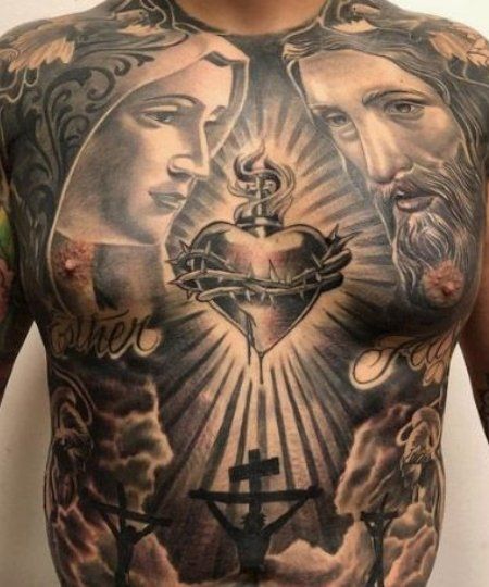 Open Heart Tattoo, Jesus Tattoos, Jesus Tattoo Design, Full Chest Tattoos, Vintage Tattoos, Sacred Heart Tattoos, The Trend Spotter, Christ Tattoo, Simple Tattoos For Guys