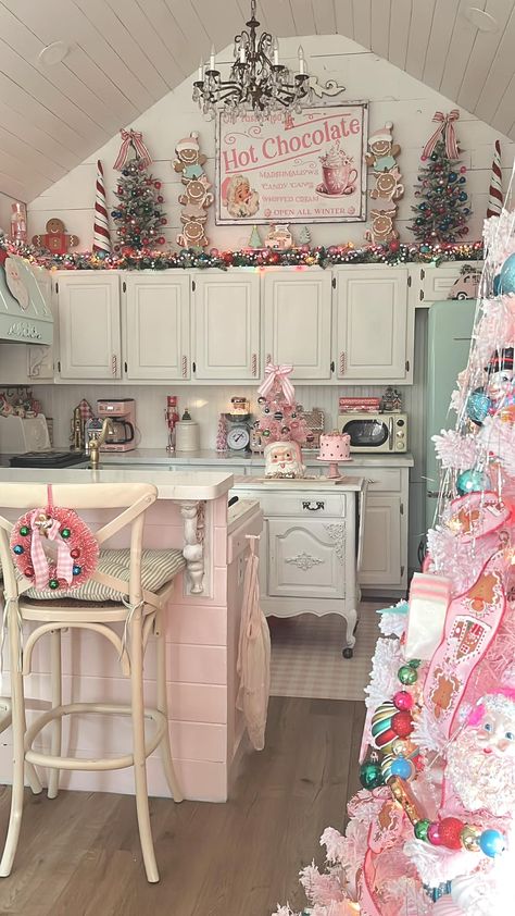 CottageonWynn - Added the final touches to the kitchen! 💕🎄 Pink Christmas Decorations Kitchen, Pink Retro Christmas Tree, Candyland Kitchen Christmas, Candyland Christmas Kitchen, Pink Kitchen Christmas Decor, Candy Christmas Kitchen Decor, Green Red And Pink Christmas, Pastel Gingerbread Christmas Decor Diy, Pink Red And Green Christmas Decor