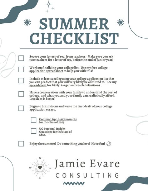 Summer college application checklist for rising senior!  #collegeapps #collegeappchecklist #classof2025 #collegeprep #collegecounselor #collegecounseling College Application Checklist, College Advising, College Counselor, College Apps, Summer Checklist, College Counseling, Acceptance Letter, College Experience, College Application