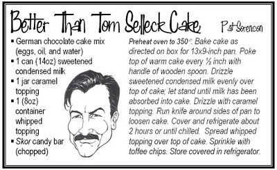 Tom Selleck Cake Recipe, Tom Selleck Cake, Tom Selleck Movies, Boxed Cake Mixes Recipes, German Chocolate Cake Mix, Low Fat Desserts, Boxed Cake, Cake Mixes, Poke Cakes