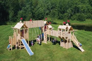 A kid's dreamland, customized by Walpole Woodworkers Kids Playset Outdoor, Kids Play Set, Cool Tree Houses, Outdoor Play Area, Playset Outdoor, Jungle Gym, Wooden Swings, Backyard Playground, Backyard Play