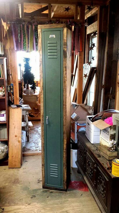 We made a wooden locker with an old metal locker door Lockers Repurposed, Metal Lockers Repurposed, Living Room Workout, Wooden Lockers, Vintage Lockers, Mud Room Entry, Upcycled Furniture Diy, Metal Lockers, School Lockers