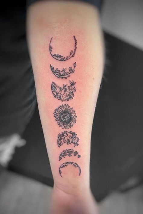 Floral Moon Phases Tattoo, Floral Moon Phases, Moon Cycle Tattoo, Moon Phases Tattoo, Tattoo Themes, Forearm Tattoo Design, Forearm Tattoo Women, Tattoo Women, Floral Moon