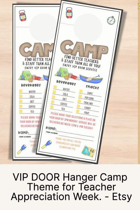 Camp theme room service door hanger for teacher appreciation week. Teacher appreciation template. Camp Theme Teacher Appreciation Week, Camping Teacher Appreciation Week, Teacher Appreciation Camping Theme, Teacher Appreciation Room Service, Camp Theme Room, Teacher Appreciation Template, Parent Council, Appreciation Themes, Appreciation Template