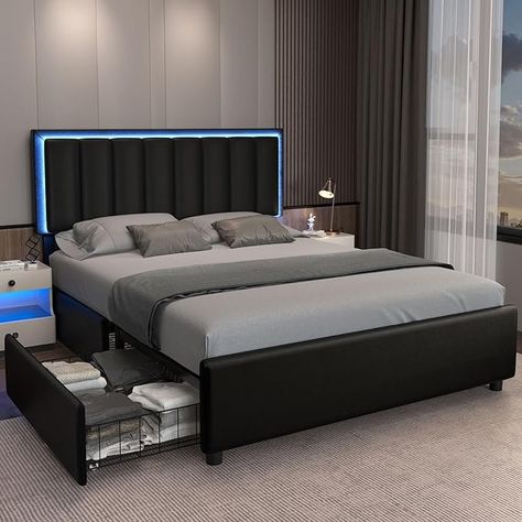 Amazon.com: IMMERSTABLE Queen Size Bed Frame with 4 Drawers and LED Headboard, Upholstered Bed Frame Queen with Storage, Heavy Duty Metal Frame and Wood Slat Support, Queen Bed Frame No Box Spring Needed, Black : Home & Kitchen Full Size Upholstered Bed, Store Bedding, Bed Frame Full, Bed Frame No Box Spring, Led Headboard, Queen Size Beds, Bed Frame Queen, Queen Size Bed Frame, Black Bed Frame