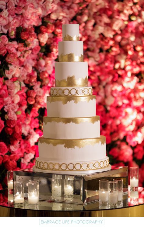 Embrace Life Photography - Los Angeles Wedding Reception at London West Hollywood: There is so much beauty in this London West Hollywood wedding photograph at a reception designed by Christine Zohrabians of Fancy That Events, including most obviously the six tier gold leaf wedding cake by the incredible Butter End Cakery on a mirrored cake stand and table full of candles in front of the stunning ombre flower wall of pink roses by Eddie Zaratsian of Tic-Tock Couture Florals. The London West H... Mirrored Cake, Gold Leaf Wedding Cake, Leaf Wedding Cake, Eddie Zaratsian, Glamour Wedding, Details Photography, Vow Books, Hollywood Wedding, Wedding Details Photography