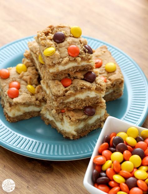 Reese's Pieces Peanut Butter Cookie Cheesecake Bars Recipe l www.a-kitchen-addiction.com Cookie Cheesecake Bars, Reeses Cheesecake, Cookie Cheesecake, Reese's Pieces, Cheesecake Bar Recipes, Festive Food, Cookie Cake Recipe, Peanut Butter Desserts, Peanut Butter Cookie